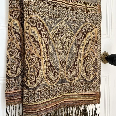 Silk Pashmina Shawl Wrap Brown Gold Paisley Jacquard Woven Cashmere Blend Scarf - Image 1 of 4