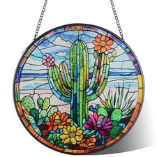 Cactus Suncatcher Decor, Cactus Stained Glass Window Art Beach Decor Sea Glas...