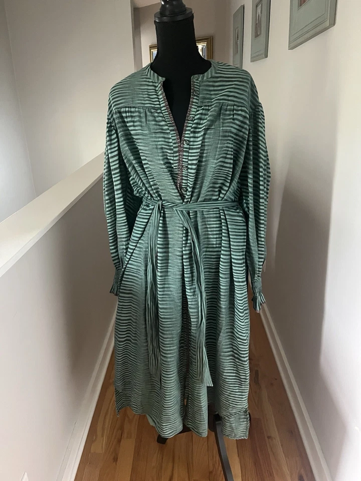 ULLA JOHNSON Fiora Striped Cotton-voile Midi Dress In Teal Green w Belt 8 - Image 2 of 4