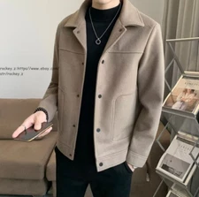 Men Single-Breasted Windbreaker Solid Slim Woolen Coat Autumn Casual Jacket Gift