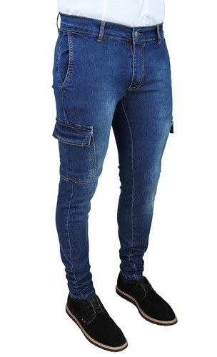 JEANS UOMO BLU CARGO DENIM PANTALONI SKYNNY SLIM FIT CON TASCONI LATERALI |  eBay
