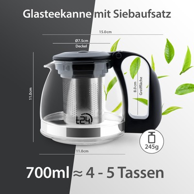 Michelino t24 700ml Glas Teekanne mit Edelstahlsieb - Schwarz 