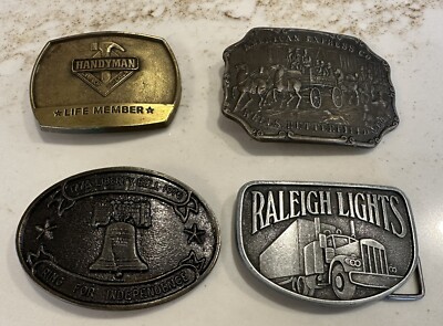 Vintage Lot of 4 Belt Buckles Americana Assortment Liberty Bell Raleigh Handyman