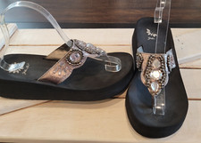 Yellow Box Cherilyn Bronze Beaded Rhinestones Leather 9 Wedge Flip Flops Sandals