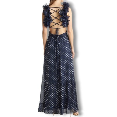 NWT Vici Collection Shimmer Chiffon Ruffle Cutout Polka Dot Navy XS Maxi  Dress | eBay