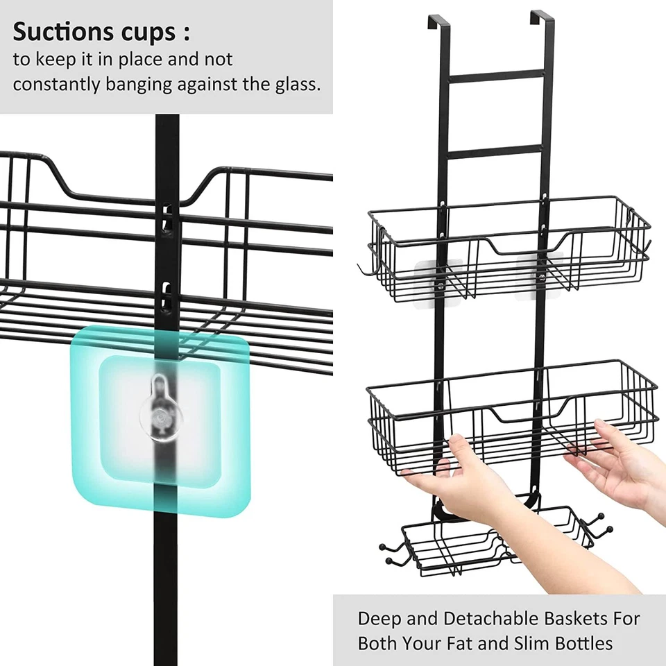 Carrito de ducha colgante sobre la puerta, organizador de ducha adhesivo sin perforación con gancho Foto 3 de 4