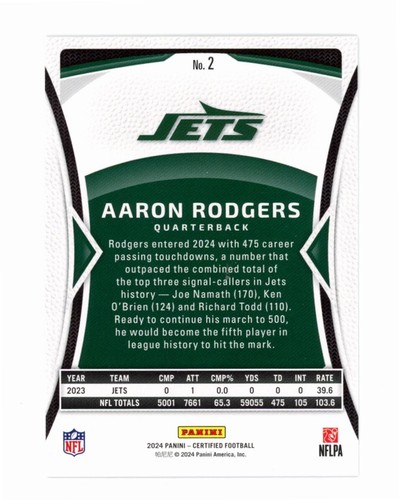 Aaron Rodgers Card # 2 2024 Certified Panini Jets - Picture 2 of 2