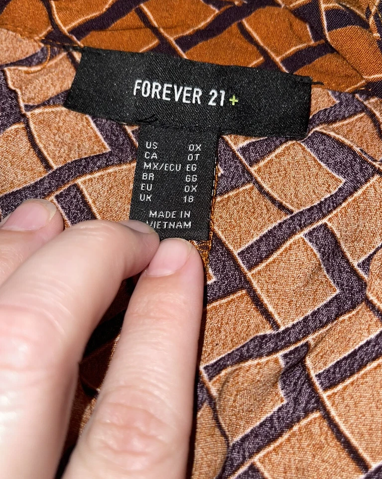 Forever 21 Plus 女式迷你连衣裙 0X 码棕色黑色十字准线纽扣前襟 — 第 3/4 张图片