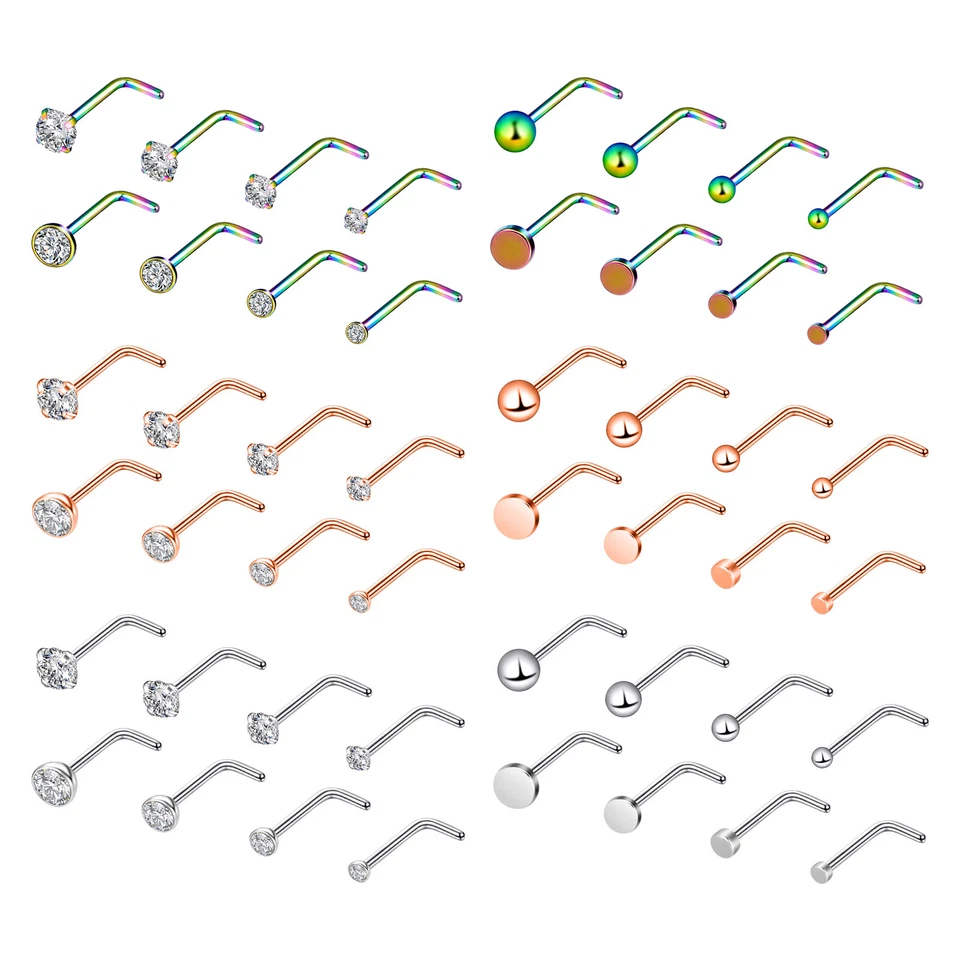16件装手术钢鼻钉环球/平/CZ螺丝L鼻骨钉套装20G — 第 3/4 张图片