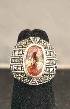 Vintage Sterling Silver 925 Amber  Marcasite Ring Size 6