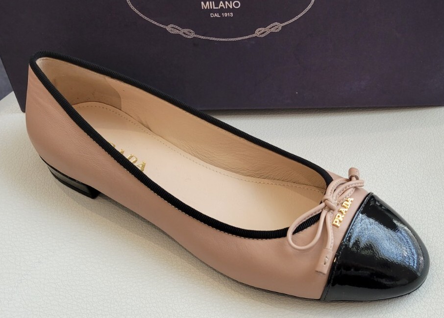 NIB NEW Prada Milano logo black pink leather ballet shoes
