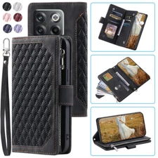 Luxury Rhombic Wallet Case,Leather Zipper Flip Card Phone Case For OnePlus 10T