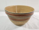 Antique 8" Mixing Bowl Yellow Ware Dark Salmon & Blue Stripes