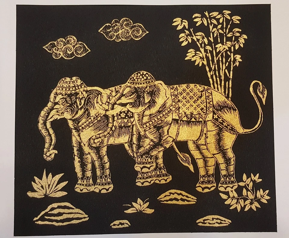 2 Gold Elephant Thai Art Silk Painting Posters Print Wall Home Decor Handmade - Image 3 of 4