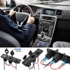 3in1 Dual USB 12V Car Charger Socket Panel Blue LED Voltmeter Cigarette Lighter 