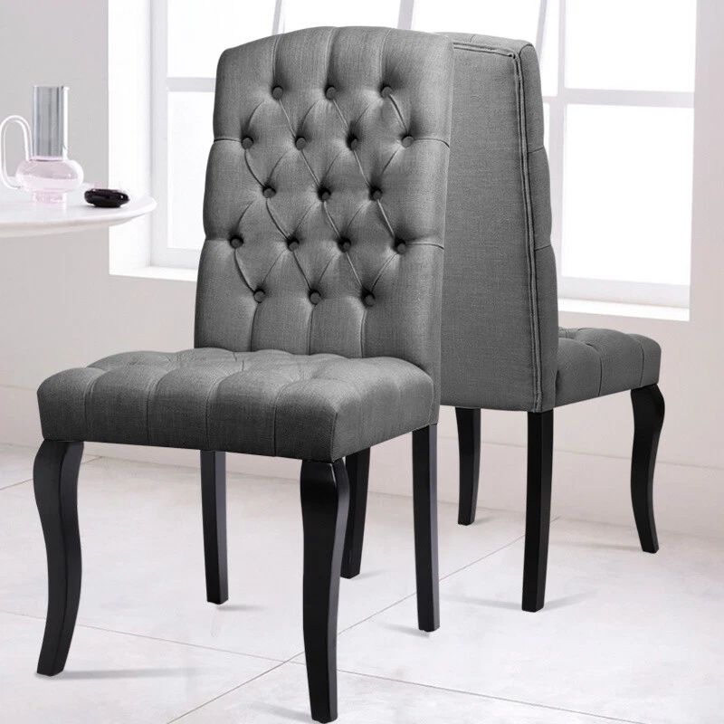 2pcs Button Fabric Dining Chairs High Back Chesterfield Style Oak Wooden Legs