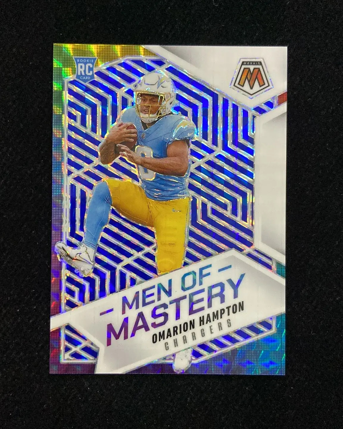 2025 Panini Mosaic Men Of Mastery Omarion Hampton RC #16 Blue 31/99 Chargers hd