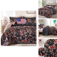 Dobuyly Floral Quilt Set Queen Size, Pink And Black Bedspreads Coverlet Set, 3