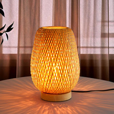 Boho Rattan Table Lamp, Stepless Dimmable Small beside Lamp, Vintage Nature Wick