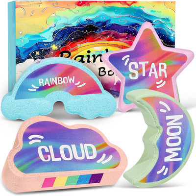 Rainbow Bath Bombs for Kids - 4 Pcs Handmade Natural Kids Bath Bombs, Organic Bu