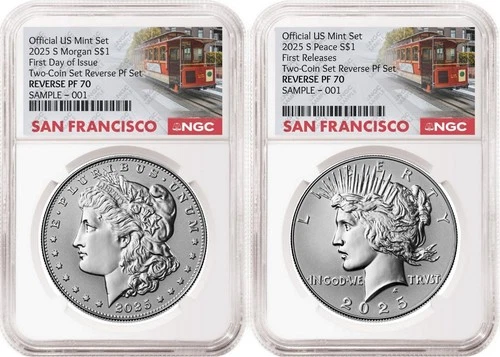 2 coin 2025 Morgan and Peace Reverse Proof Dollar Set NGC RP70 FDOI and FR SF