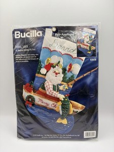 Vintage FISHING SANTA Felt Christmas Stocking Kit 83658 Bucilla Old Stock 1997