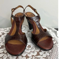 Söfft Heels T Strap Sandals Sz 7M Brown Leather Block Heel Ankle Strap Crocodile