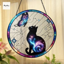 Galaxy cat stained glass suncatcher, celestial window decor