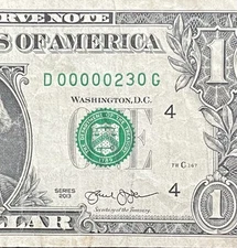 Ultra Low 3 Digit $1 One Dollar Bill!! Six of a Kind Zero's!!! #D00000230