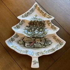 Vintage Johnson Bros Merry Christmas 3 Part Relish Serving Dish Tree Shaped 14"