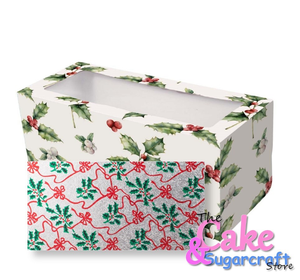 Christmas Holly Log Box & Silver Patterned Holly Board Vintage Cake