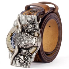 BISON DENIM Men's Genuine Leather Belt with Removable Silver Cowboy Bull Buckle