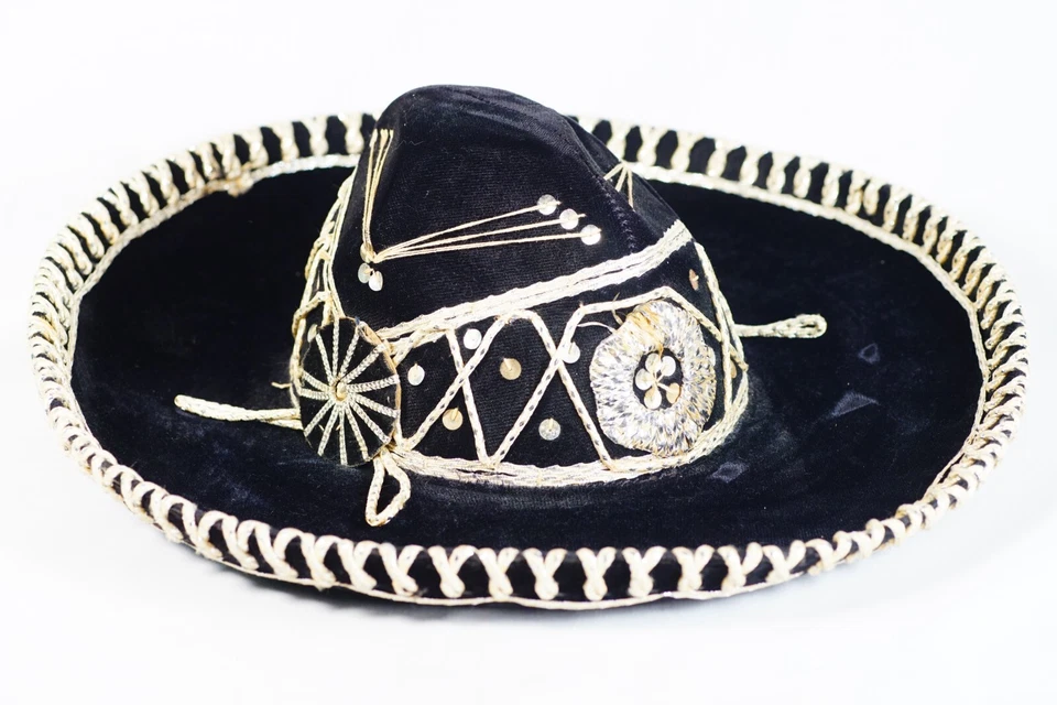 Sombrero Mexicano De Colección Nuevo Grande Lentejuelas Terciopelo Negro Como En La Imagen Foto 2 de 4