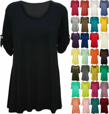 Damen kurze Turn Up Ärmel Knopfleiste Frauen ÜBERGRÖSSE Swing Kleid Long Top