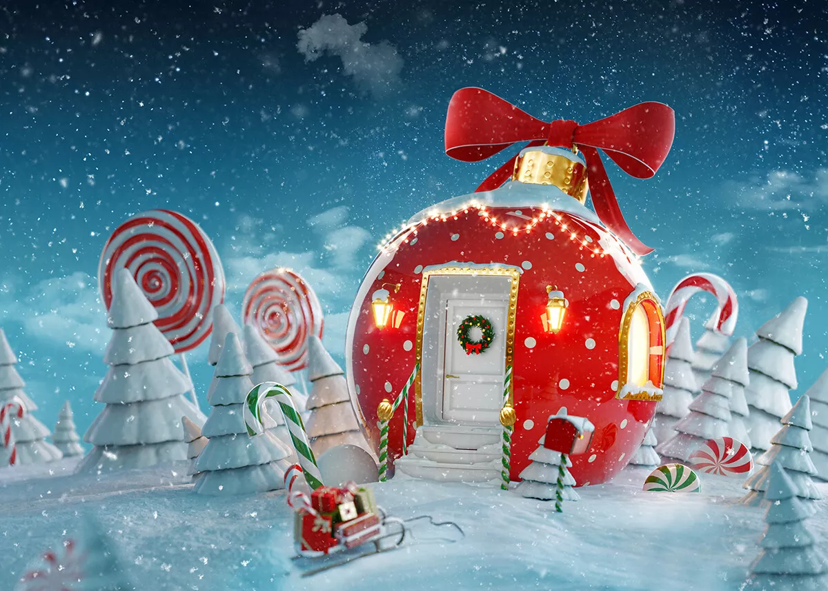 7x5ft Fairy Christmas Ball House Backdrop Candy Canes Background