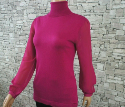 DIALOGUE FEINER DAMEN SEIDE KASCHMIR PULLOVER ROLLKRAGEN MAGENTA S NEU