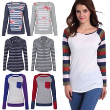Womens Long Sleeve Round Neck Plain Basic Stripe Ladies Stretch T-Shirt Top