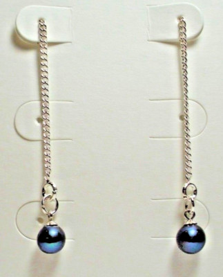 5'' Thread Pearl Earrings, 6.0 mm Dark Grey Blue Pearls