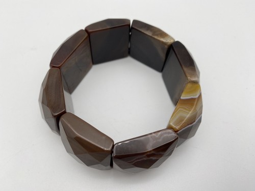 Vintage Bracelet Striped Onyx Natural Stones Wide Chunky Elastic Brown 111.67g - Picture 5 of 6
