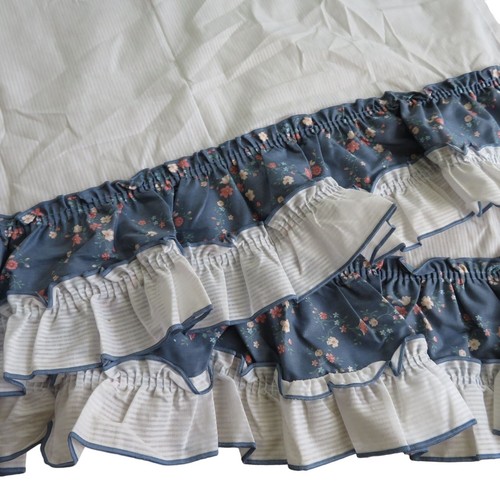 Pair of 2 Curtain Panels Blue Floral Ruffle Edge White Cotton 32 x 32 Vintage - Picture 8 of 14