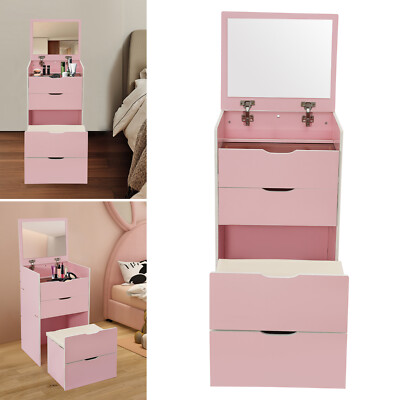 Pink Makeup Vanity Desk Set with Mirror Stool Drawer, 3-in-1