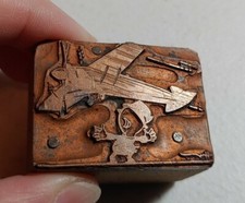 Vintage Letterpress Printing Block Airplane Flying Over Man