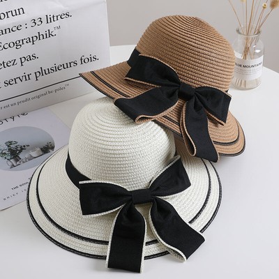 Woven Straw Hat Women's Versatile Beach Big Edge Bow Sun Shield Hats Noble St-DC
