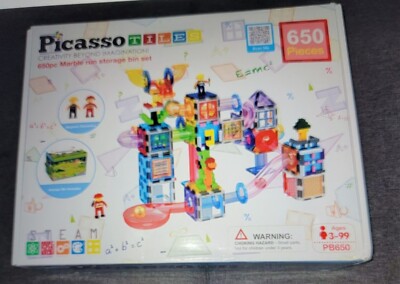 PicassoTiles 650 Magnetic Tile Piece Marble Run with Storage Bin Set Magnetic