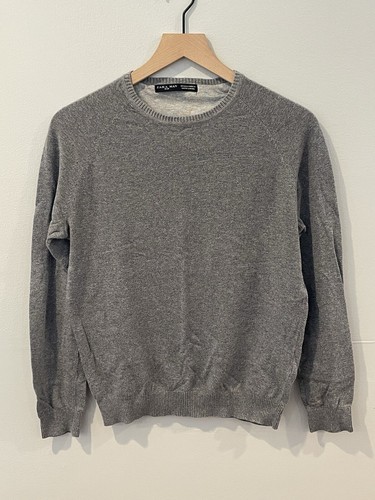 ZARA Tight Knit Sweater Mens Small Crew Neck Pullover Elbow Patch Gray Cotton