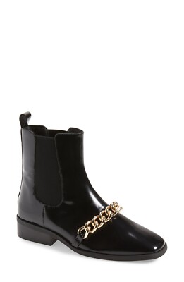 $250 JEFFREY CAMPBELL EMRYS CHELSEA BOOT SQUARE GLOSSY GOLD CHAIN