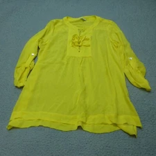 John Mark Top Womens Large Tunic Blouse Silk Yellow Sheer Roll Tab Sleeve