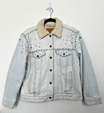 Levis Ex-Boyfriend Sherpa Lined Studded Stars Denim Trucker Jacket Women Medium