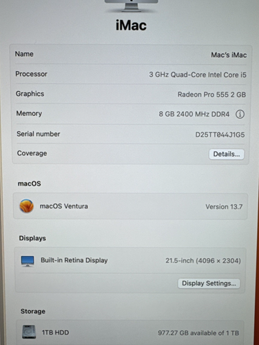 iMac 21.5" 2017 Intel i5-7400 3.00GHz 8GB RAM 1TB HDD MacOS Ventura - Bild 9 von 10