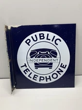Vintage Independent Public Telephone Porcelain Sign Double Sided Advertisment